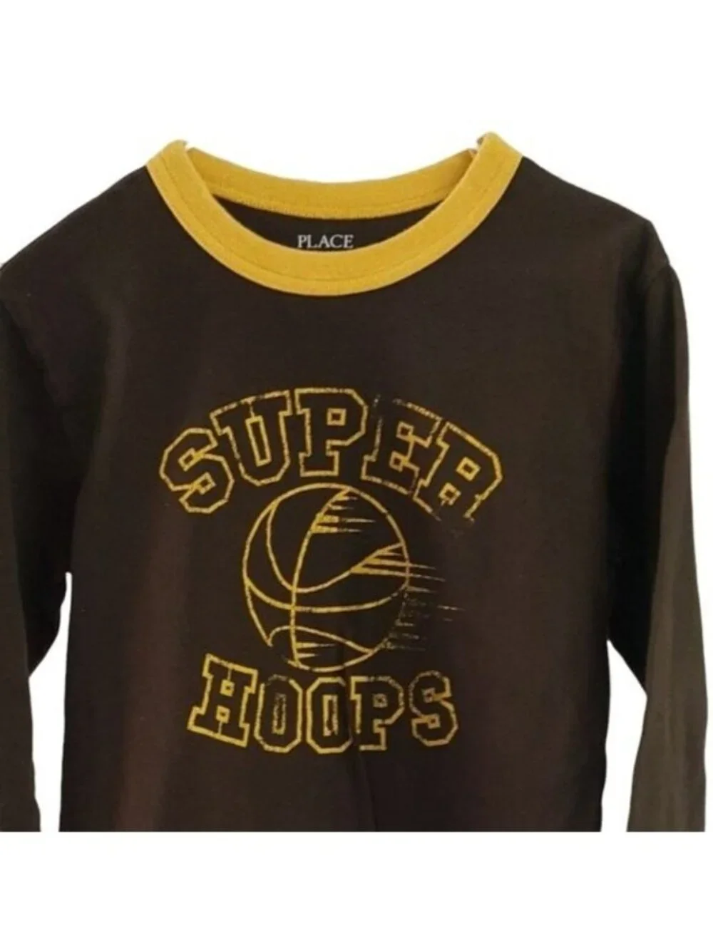 Children's Place Boys Super Hoops Basketball T Shirt Brown XS Long Sleeve Crew